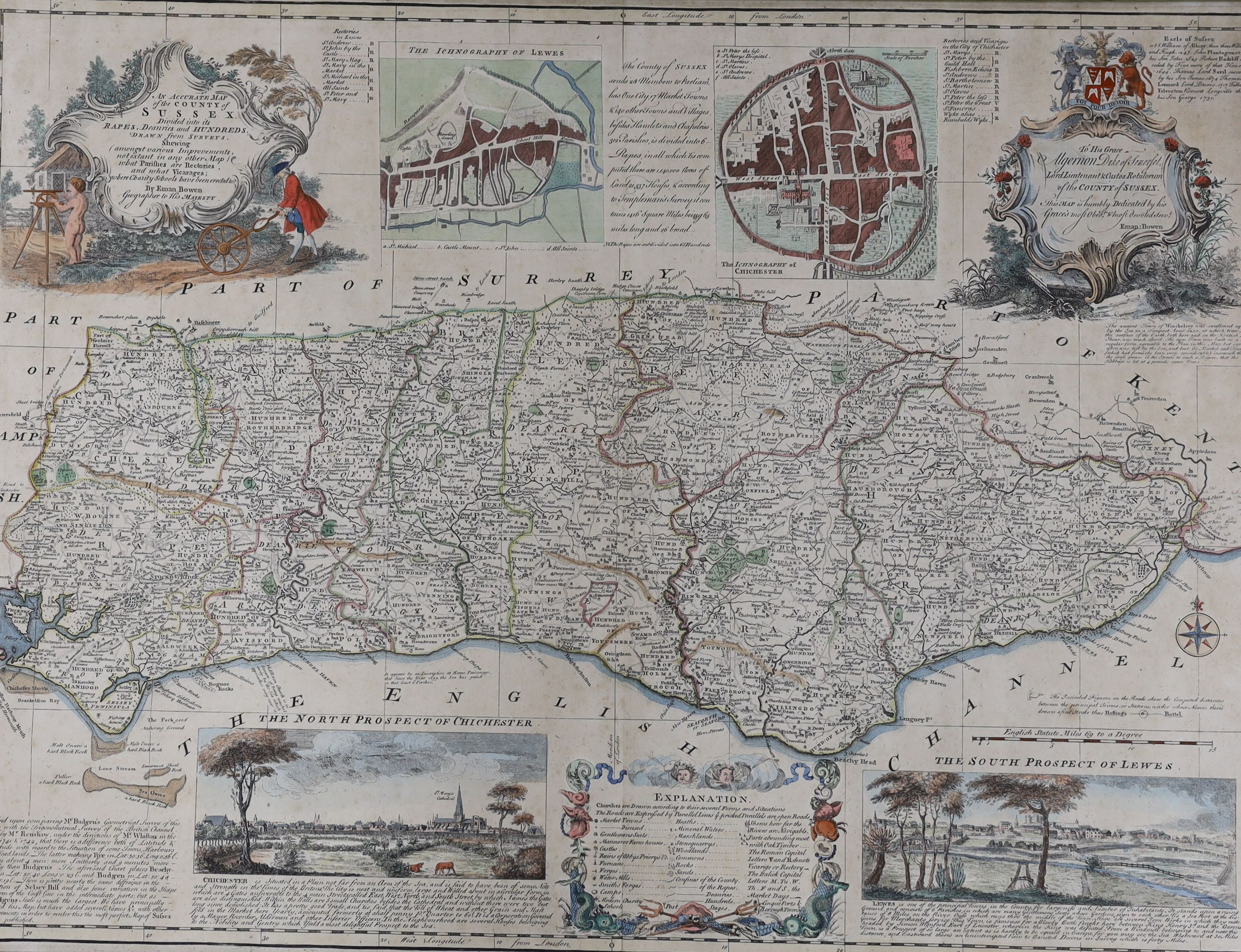 Emmanuel Bowen, coloured engraving, Accurate map of the County of Sussex, 52 x 70cm